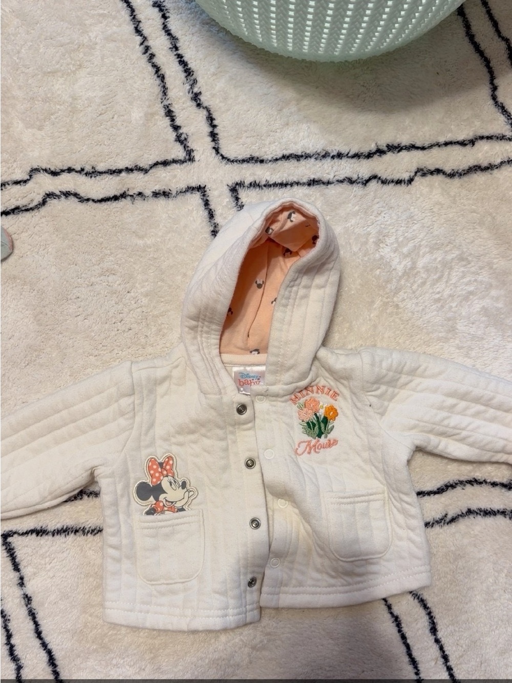 Disney Cream Hooded Minnie Mouse Quilted Jacket with Peach Lining